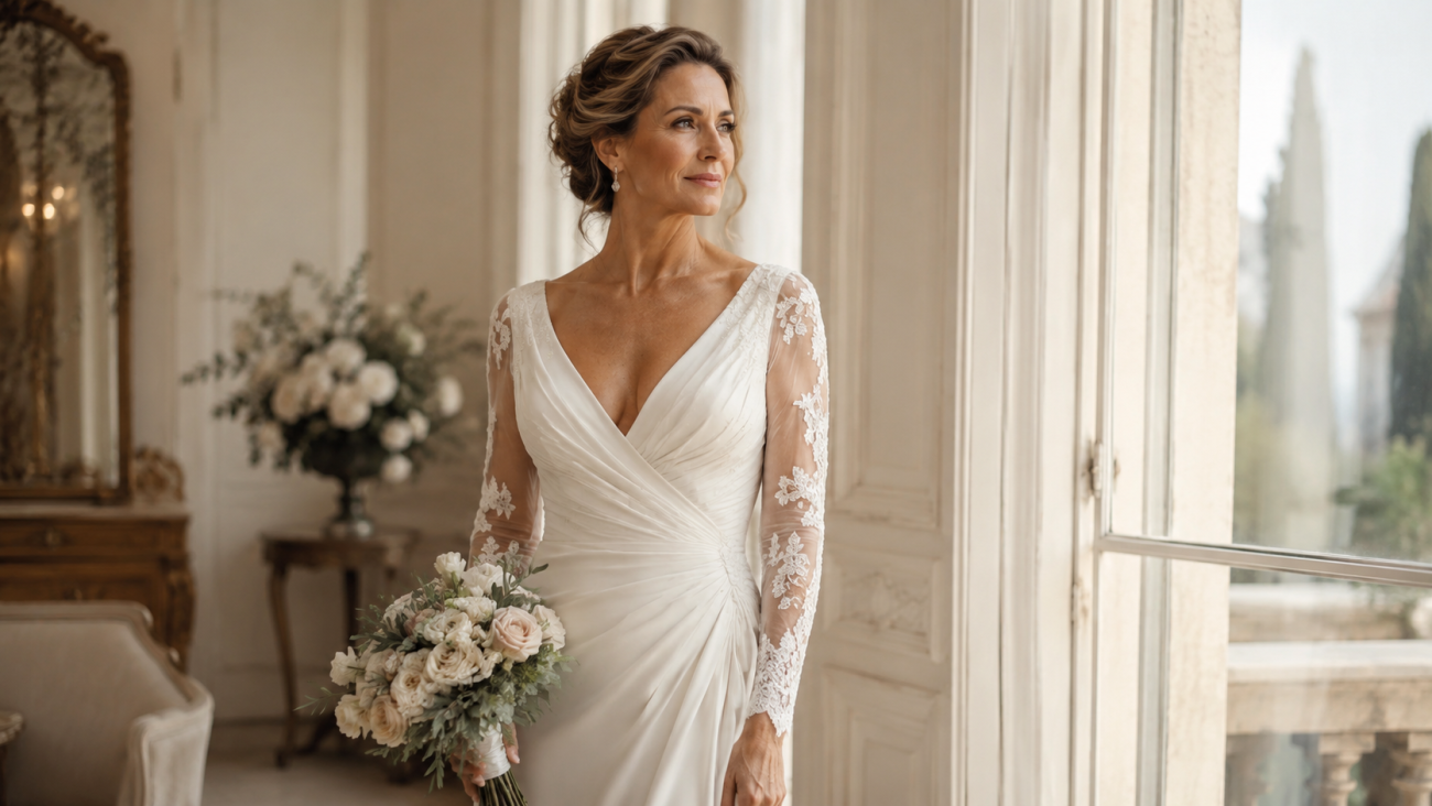 Sposa elegante con abito bianco per seconde nozze