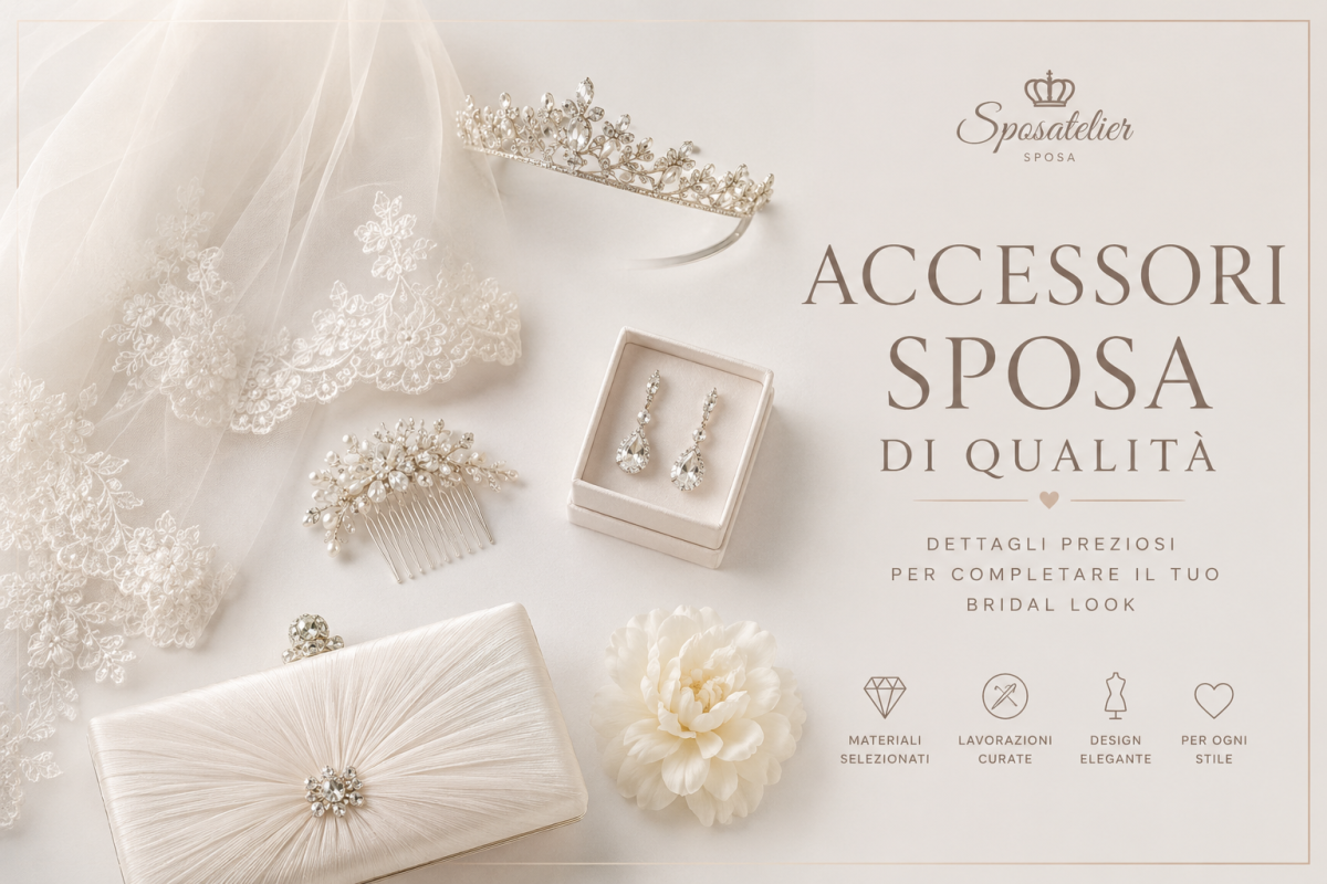 Accessori sposa di qualità Sposatelier con velo in pizzo, tiara, fermaglio, orecchini e pochette