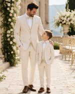 Abiti abbinati papà figlio con completo cerimonia panna per matrimonio