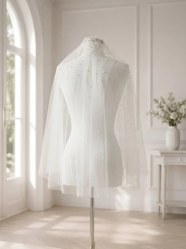 Velo da sposa corto avorio con calata e perle GW-VL012