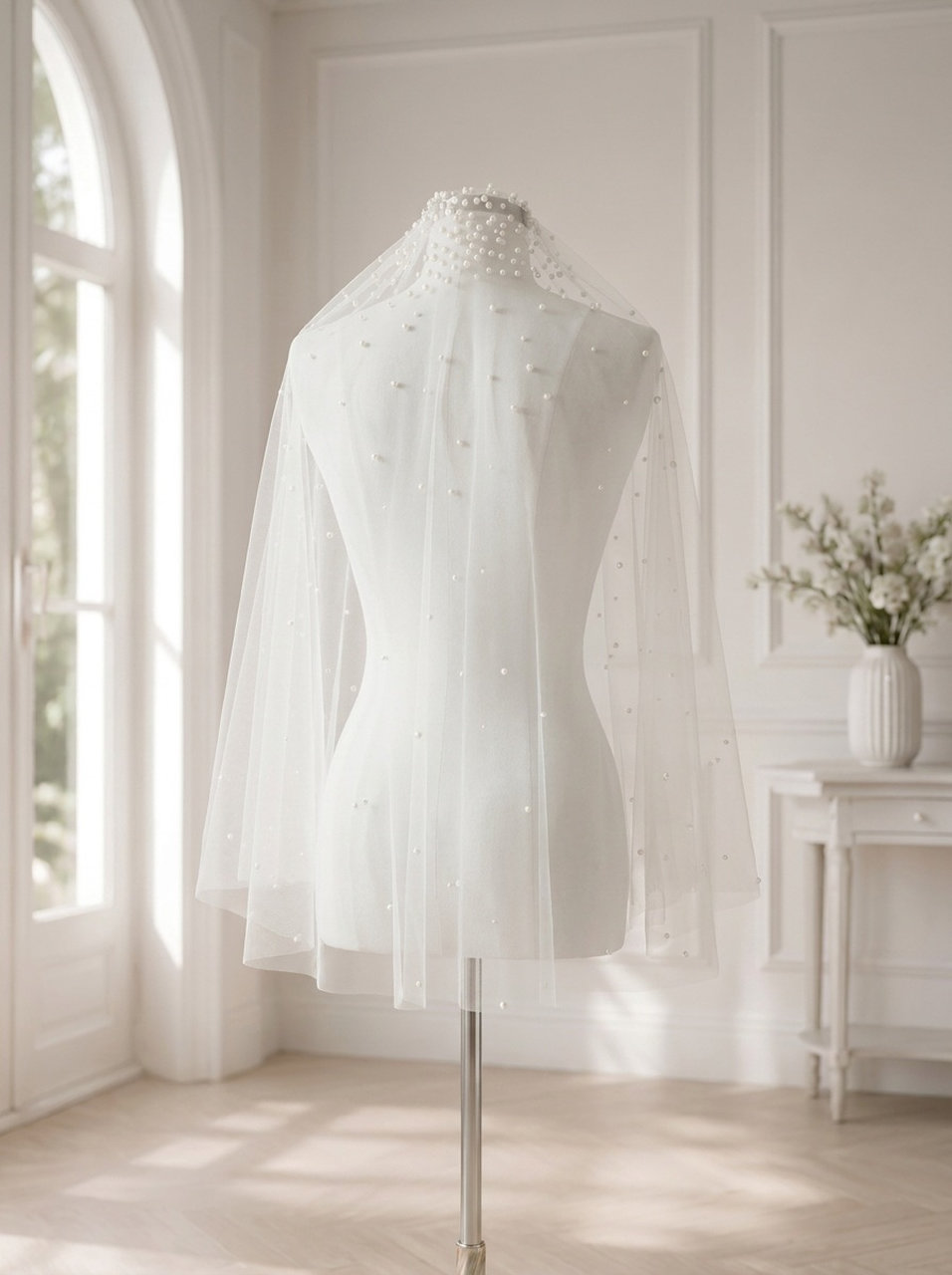 velo-sposa-corto-calata-perle-gw-vl012.jpg Velo da sposa corto avorio con calata e perle GW-VL012