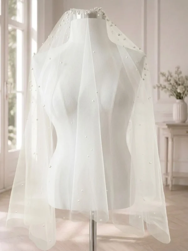 Velo da sposa a doppio strato in tulle avorio con perle GW-VL012