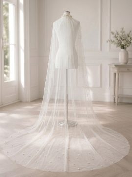 Velo da sposa lungo 220 cm in tulle avorio con perle GW-VL015