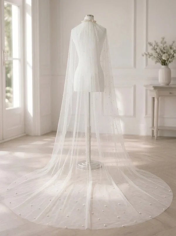 Velo da sposa lungo 220 cm in tulle avorio con perle GW-VL015