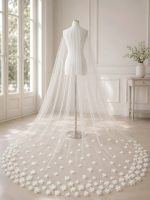 Velo da sposa esclusivo lunghezza cattedrale avorio con fiori 3D in tulle