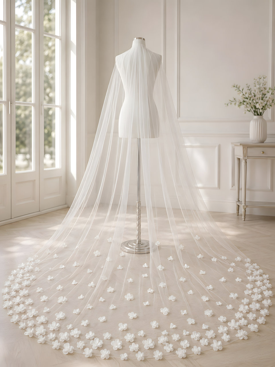 velo-sposa-esclusivo-cattedrale-avorio-fiori-3d-01.jpg Velo da sposa esclusivo lunghezza cattedrale avorio con fiori 3D in tulle