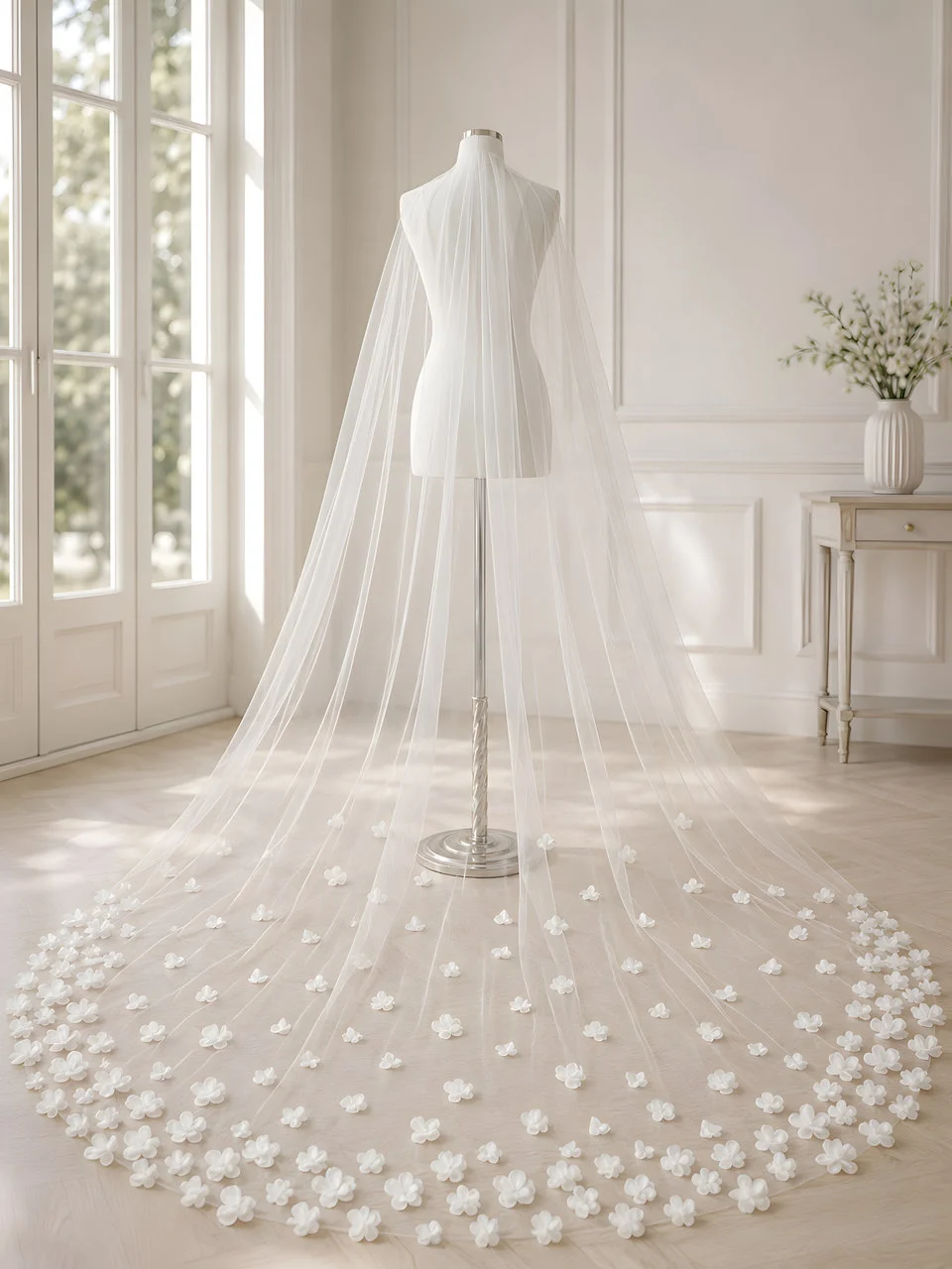velo-sposa-esclusivo-cattedrale-avorio-fiori-3d-01.jpg Velo da sposa esclusivo lunghezza cattedrale avorio con fiori 3D in tulle