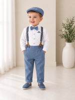 Completo battesimo bambino blu con bretelle papillon e cappellino