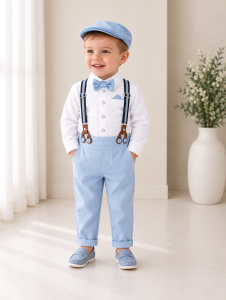 Completo battesimo bambino celeste con bretelle papillon e cappellino