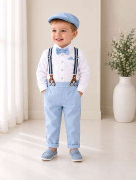 Completo battesimo bambino celeste con bretelle papillon e cappellino