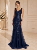 Vestito da cerimonia blu notte con scollo a V e decorazioni a motivo foglia