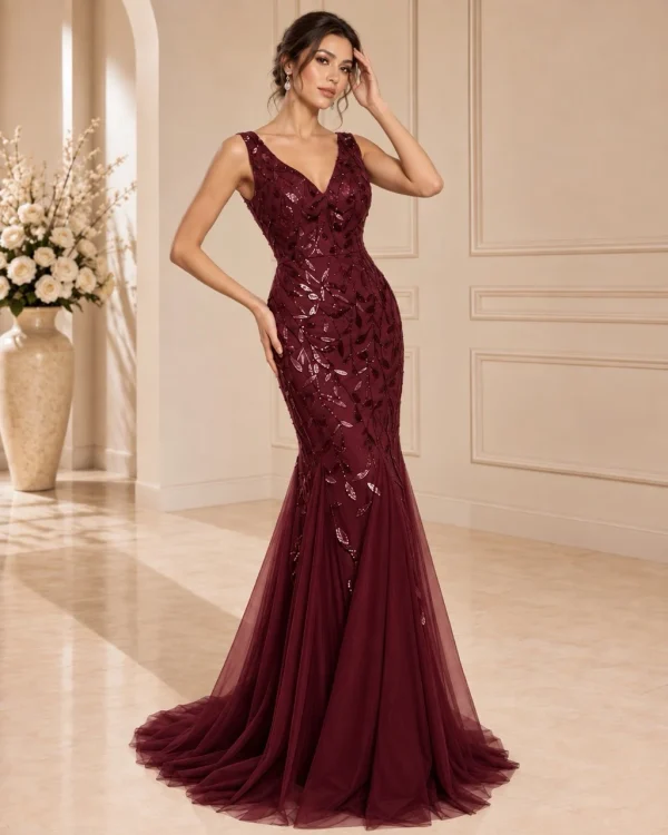 Abito a sirena bordeaux con ricami luminosi e scollo a V vista frontale