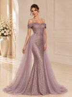 Abito a sirena malva polvere con paillettes e sopragonna