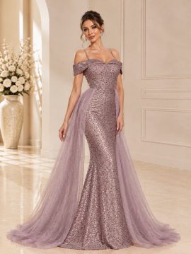 Abito a sirena malva polvere con paillettes e sopragonna