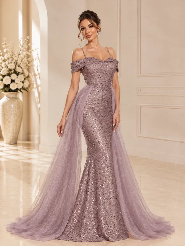 Abito a sirena malva polvere con paillettes e sopragonna