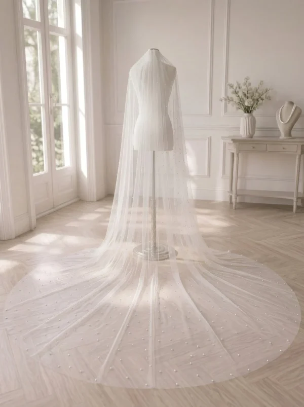 Velo da sposa 310 cm con perle in tulle avorio