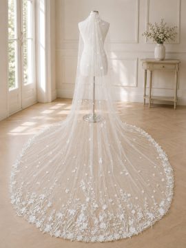 Velo da sposa scenografico con fiori 3D e perle lungo 300 cm