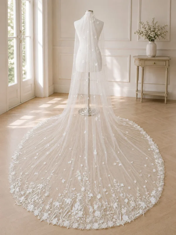 Velo da sposa scenografico con fiori 3D e perle lungo 300 cm