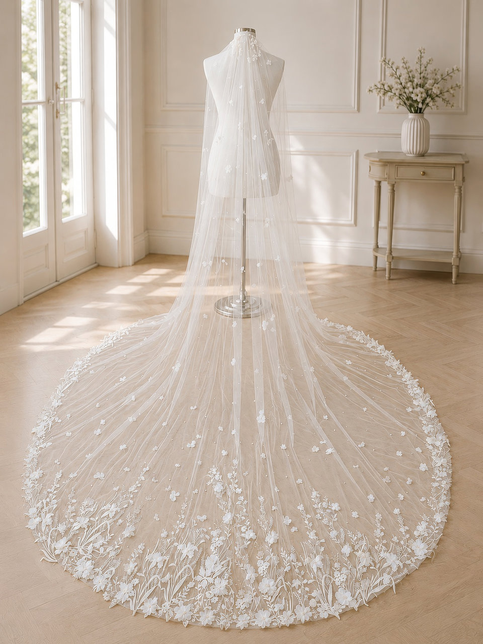velo-sposa-scenografico-fiori-3d-perle-300-cm.jpg Velo da sposa scenografico con fiori 3D e perle lungo 300 cm