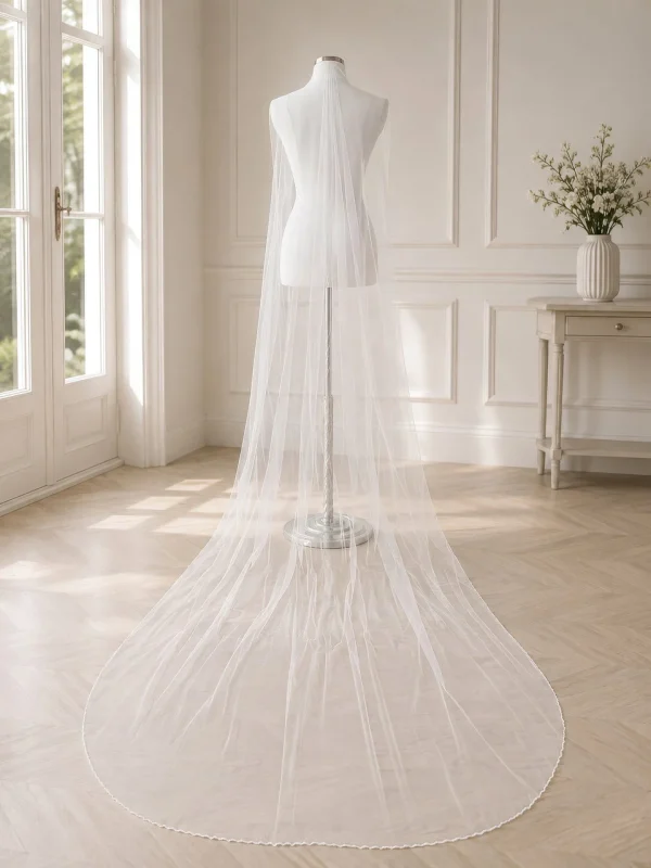 Velo da sposa con bordo di perle 280 cm in tulle avorio