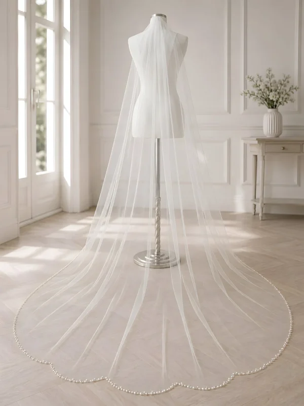 Velo da sposa con bordo di cristalli e perle lungo 270 cm