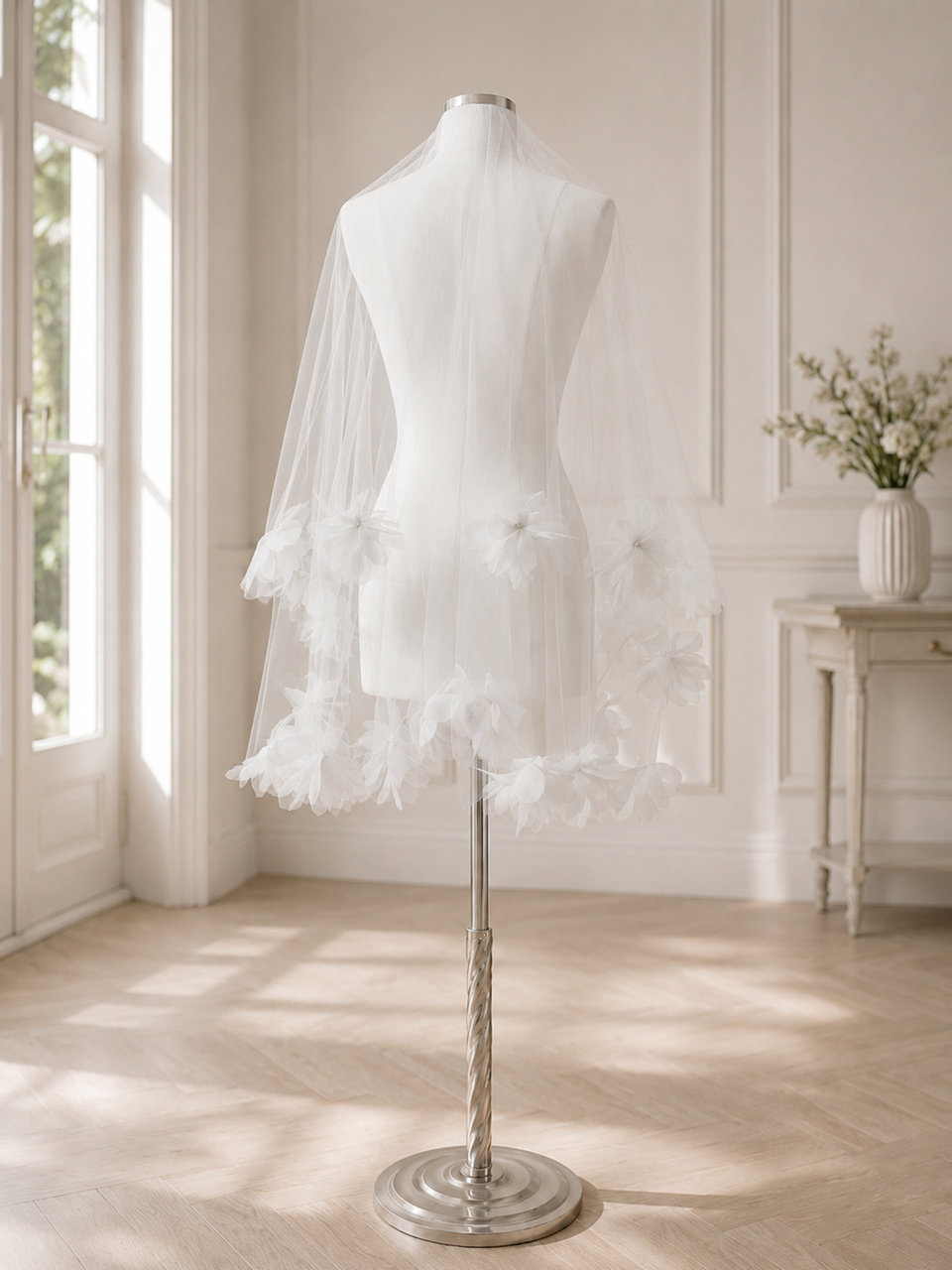 velo-sposa-corto-fiori-3d-perle-calata-92-cm.jpg Velo da sposa corto con fiori 3D perle e calata 70/92 cm