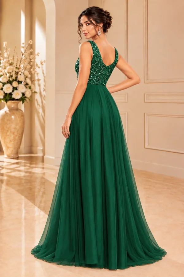 Retro abito da cerimonia verde smeraldo con scollo a V sulla schiena