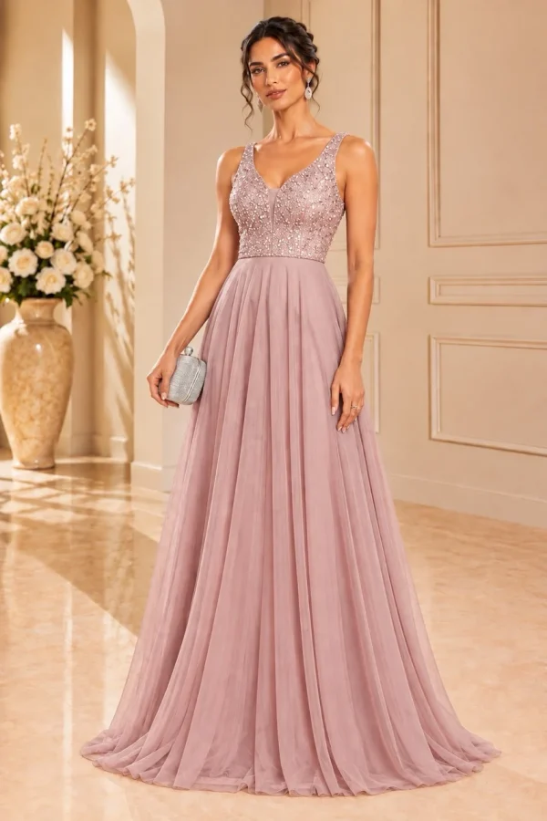 Abito da cerimonia rosa cipria con corpetto gioiello e gonna lunga in tulle