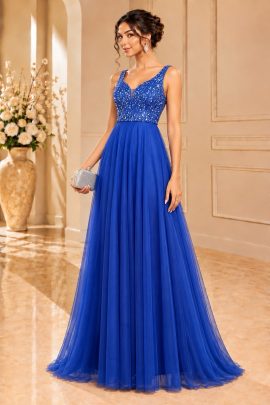 Abito da cerimonia blu royal con corpetto luminoso e gonna lunga in tulle