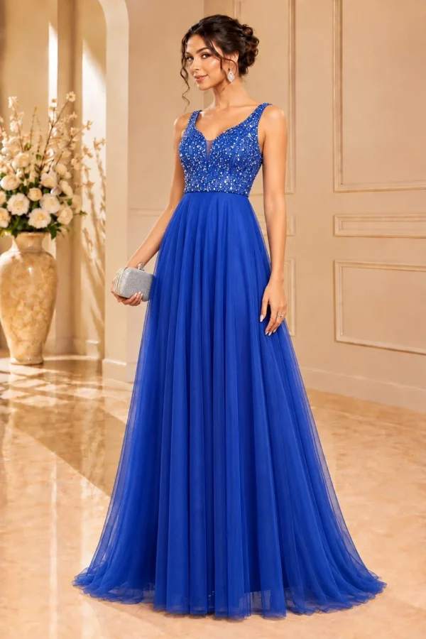 Abito da cerimonia blu royal con corpetto luminoso e gonna lunga in tulle