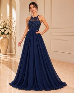 Abito da cerimonia blu notte con scollo all’americana e gonna lunga