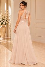 Abito champagne elegante con schiena aperta e fiocco posteriore
