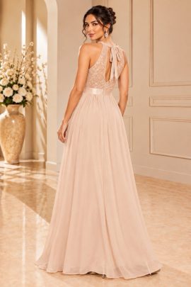 Abito champagne elegante con schiena aperta e fiocco posteriore