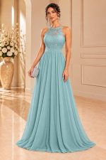 Abito acquamarina con scollo all’americana e gonna lunga fluida