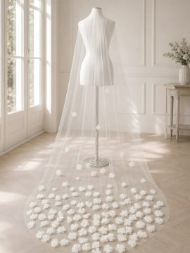 Velo da sposa lungo con fiori 3D in tulle avorio 270 cm