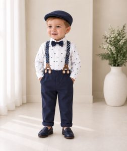 Completo battesimo bambino blu navy con body fantasia barchette bretelle e cappellino