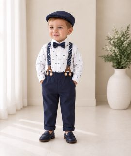 Completo battesimo bambino blu navy con body fantasia barchette bretelle e cappellino