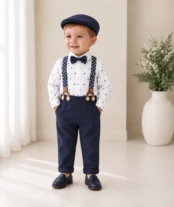 Completo battesimo bambino blu navy con body fantasia barchette bretelle e cappellino