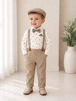 Completo battesimo bambino beige a pois con bretelle papillon e cappellino