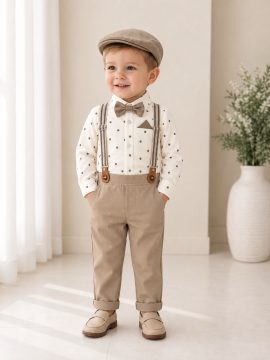 Completo battesimo bambino beige a pois con bretelle papillon e cappellino