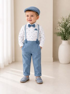 Completo battesimo bambino celeste a pois con bretelle papillon e cappellino