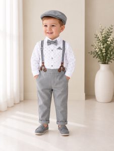 Completo battesimo bambino grigio con bretelle papillon e cappellino