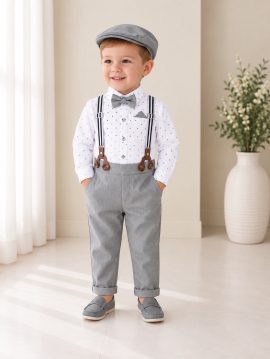 Completo battesimo bambino grigio con bretelle papillon e cappellino
