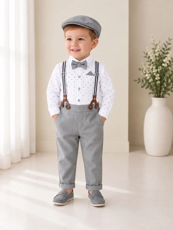 Completo battesimo bambino grigio con bretelle papillon e cappellino