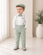 Completo battesimo bambino verde menta a pois con bretelle papillon e cappellino