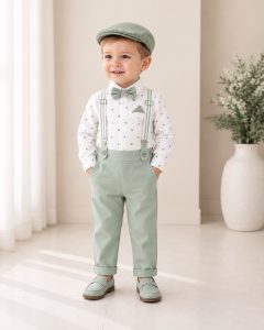 Completo battesimo bambino verde menta a pois con bretelle papillon e cappellino
