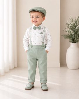 Completo battesimo bambino verde menta a pois con bretelle papillon e cappellino