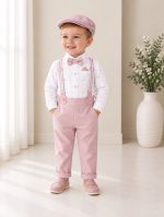 Completo battesimo bambino rosa a pois con bretelle papillon e cappellino