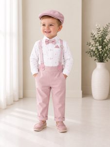 Completo battesimo bambino rosa a pois con bretelle papillon e cappellino