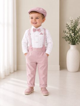 Completo battesimo bambino rosa a pois con bretelle papillon e cappellino